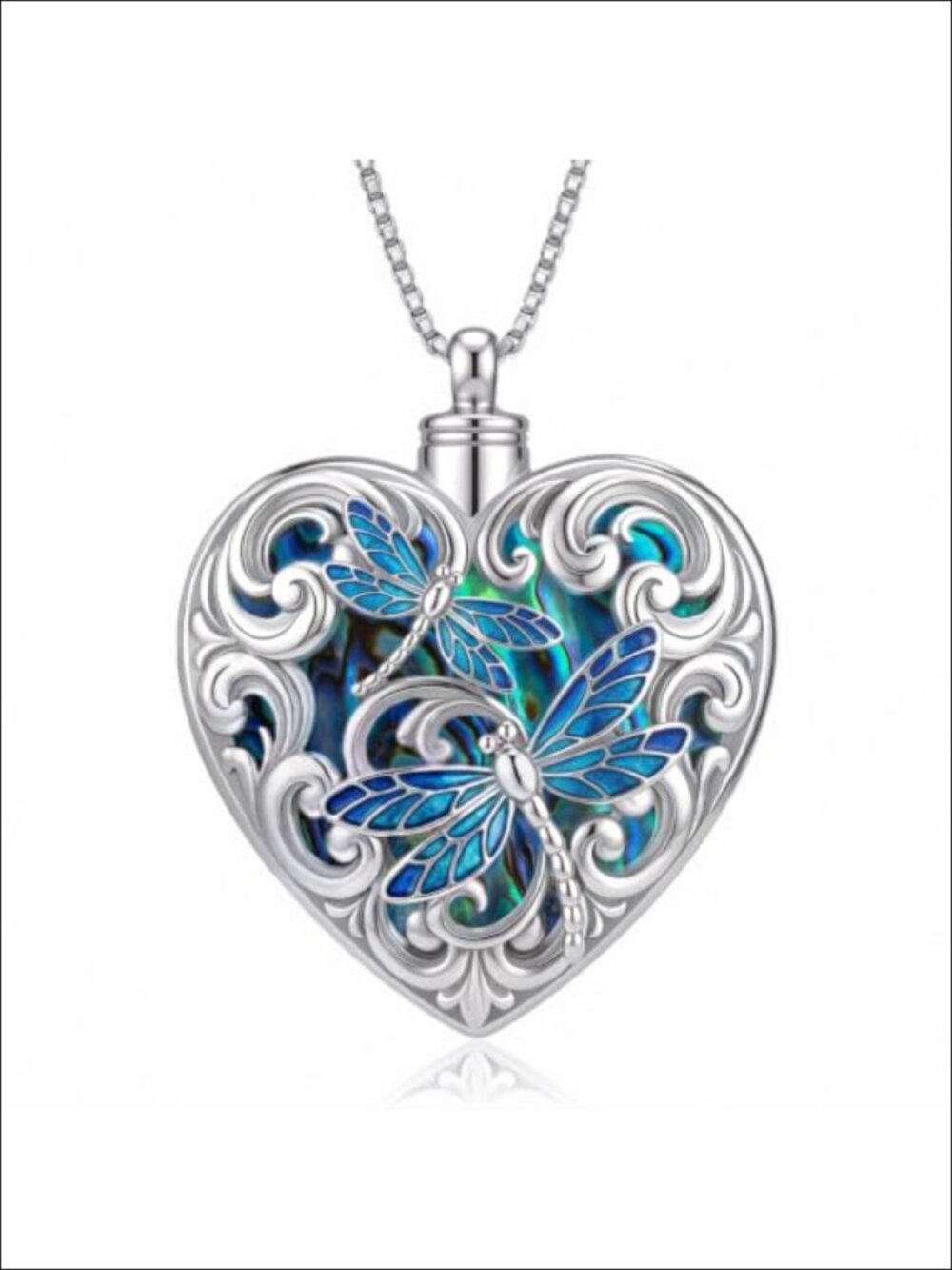 Memorial Urn Necklace for Ashes Dragonfly Abalone Heart Pendant Cremation